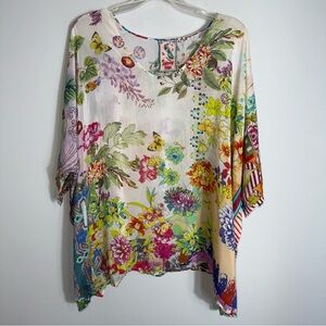 Johnny Was Georgette Short Sleeve Blouse-Floral Butterflies-Cupra-Size XXL
